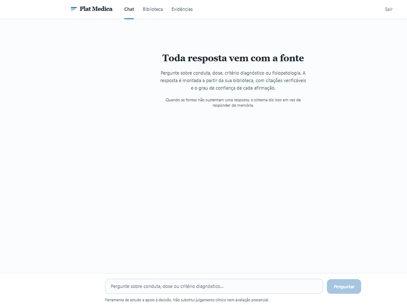 Tutor clínico: tela de chat com a chamada "Toda resposta vem com a fonte", campo para perguntar sobre conduta, dose ou critério diagnóstico e o aviso de que a ferramenta não substitui julgamento clínico