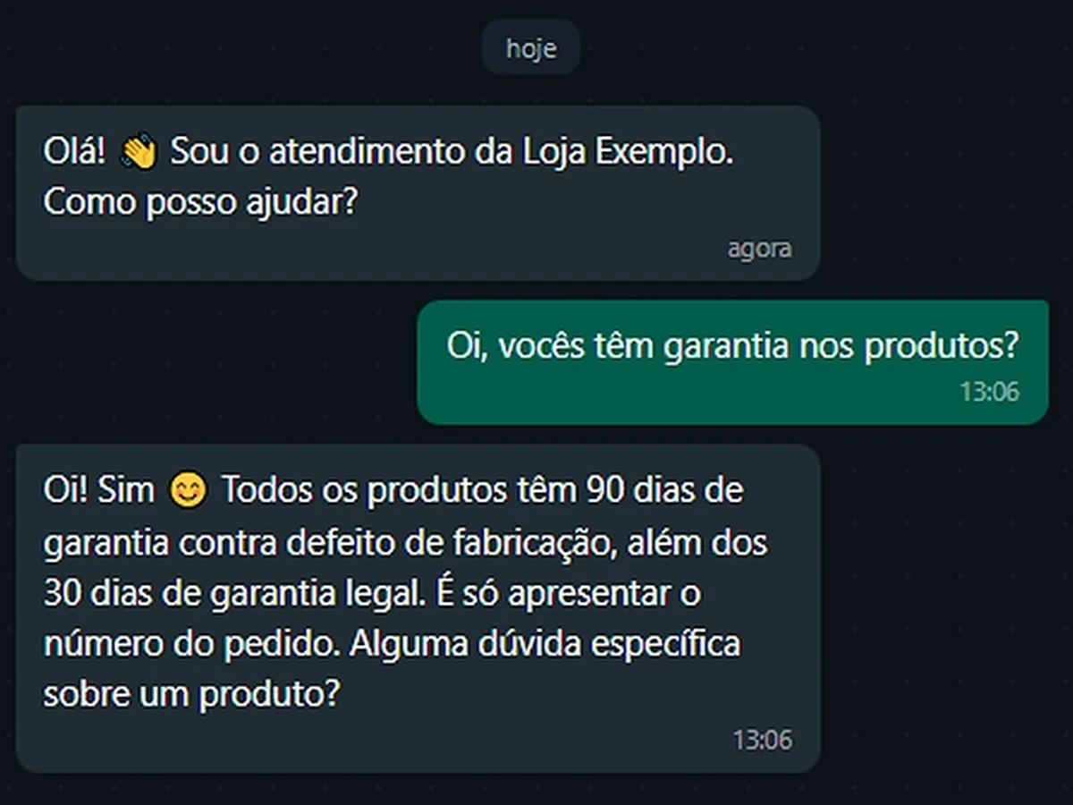 Chatbot com IA: conversa no WhatsApp em que o cliente pergunta sobre garantia e o bot responde sozinho com o prazo de 90 dias